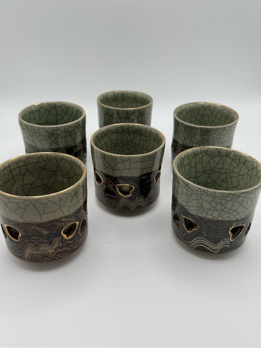 Obori Soma-Yaki Sake Cups – Green and Black (Set of 6)